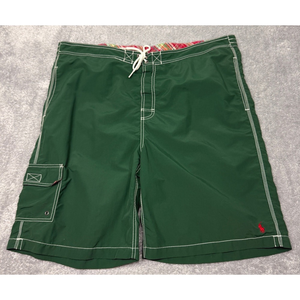 Polo Ralph Lauren Swim Trunks Mens XXL Green Board Shorts Cargo Plaid Trim Mesh